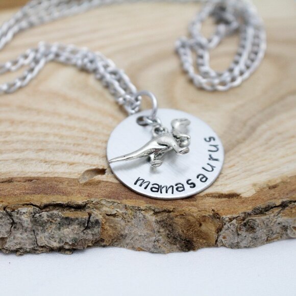 Mamasaurus Hand Stamped Pendant Necklace - 18" Chain - Handmade & Hypoallergenic - Picture 6 of 6
